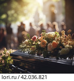 A somber funeral scene. A coffin is covered with a floral spray. Blurred background  Generative AI. Стоковое AI-изображение, AI-художник Анна Кривицкая / Фотобанк Лори