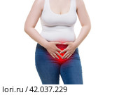 Woman with menstrual pain, stomachache isolated on white background. Стоковое фото, фотограф Станислав Тарко / Фотобанк Лори