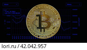 Золотая монета биткоина на графике колебания стоимости биткоина в течении месяца. Bitcoin gold coin on the chart of fluctuations in the value of bitcoin during the month. Стоковая иллюстрация, иллюстратор Гер Олег / Фотобанк Лори