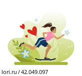 Девушка, отталкиваясь ногой, быстро разгоняется на скейтборде. Летним видом спорта является катание на скейтборде. Активный вид отдыха на природе в парке. Стоковая иллюстрация, иллюстратор Юлия Мелешина / Фотобанк Лори