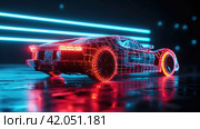 A model of a car assembled from glowing lines. Стоковое AI-изображение, AI-художник Кирилл Черезов / Фотобанк Лори
