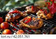 grilled chicken sitting on grill with tomatoes and red peppers. Стоковое AI-изображение, AI-художник Юлия Гапеенко / Фотобанк Лори