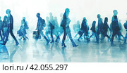 A banner with silhouettes of business people with a double exposure hurrying from left to right on business against a homogeneous background is a concept of the business world. Стоковое AI-изображение, AI-художник Ярославский Максим / Фотобанк Лори