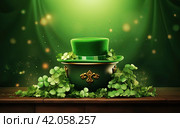 A St. Patrick's Day postcard with leprechaun treasures and a pot of gold coins, a green hat and a shamrock. Стоковое AI-изображение, AI-художник Ярославский Максим / Фотобанк Лори