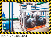 Barrier warning frame types on industrial room inside, danger zone, do not enter. Unsafe closed industry area from barrier black yellow lines. Production shutdown concept, no open. Copy ad text space. Стоковая иллюстрация, иллюстратор Aleksandr Golubev / Фотобанк Лори