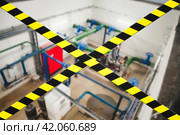 Unsafe closed industry room from barrier cross types, do not enter, danger zone. Barrier warning black yellow lines on industrial area inside. Production shutdown concept, no open. Copy ad text space. Стоковая иллюстрация, иллюстратор Aleksandr Golubev / Фотобанк Лори