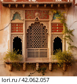 Ornament lattice window in india. Стоковое AI-изображение, AI-художник Михаил Коханчиков / Фотобанк Лори