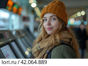 Young woman putting vote in a ballot box. Voters on election day. People go to the polls. Presidential and parliamentary elections. The girl puts the ballot in the ballot box. Стоковое AI-изображение, AI-художник Ирина Михайличенко / Фотобанк Лори