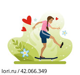 Девочка с косичками отталкивается ногой, катаясь на скейтборде. Скейтбординг - летний вид спорта. Активный вид отдыха на свежем воздухе в парке. Стоковая иллюстрация, иллюстратор Юлия Мелешина / Фотобанк Лори