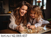 Smiling mother and little daughter playing logic strategy wooden board game at kitchen table together, caring mom teaching adorable kid girl, happy family engaged in educational activity at home. Стоковое AI-изображение, AI-художник Ирина Михайличенко / Фотобанк Лори