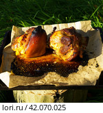 Pork knuckle. Roasted pork knuckle baked in the oven on parchment paper. Large portions of food in nature. Close-up. Стоковое фото, фотограф Артем Лукин / Фотобанк Лори