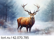 a stag in the snow with a large horn. Стоковое AI-изображение, AI-художник Юлия Гапеенко / Фотобанк Лори