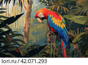 macaw in the wild garden, bold chromaticity. Стоковое AI-изображение, AI-художник Юлия Гапеенко / Фотобанк Лори