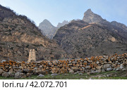 Abaev Tower, defensive structure of late Middle Ages in village of Kyunnyum, destroyed after deportation of Balkar people in spring, village of Upper Balkaria, Kabardino-Balkarian Republic, Russia (2023 год). Стоковое фото, фотограф Алексей Антипов / Фотобанк Лори