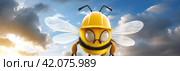 A banner with a worker bee in a yellow construction helmet in the sky on a cloud background. Стоковое AI-изображение, AI-художник Ярославский Максим / Фотобанк Лори
