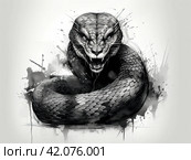 A mock tattoo with a snake's head with an open mouth isolated on a white background. Стоковое AI-изображение, AI-художник Ярославский Максим / Фотобанк Лори