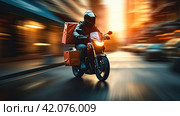 A courier on a moped with a cargo box is rushing to deliver goods to recipients on a city street in the early morning. Long exposure time. Front view on the right. The concept of delivery in a big city. Generated by AI. Стоковое AI-изображение, AI-художник Ярославский Максим / Фотобанк Лори