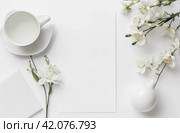white paper template and pictures of white apsara flowers on a white table. Стоковое AI-изображение, AI-художник Юлия Гапеенко / Фотобанк Лори
