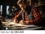 Serious man in glasses sit at workplace desk in office use calculator calculates monthly expenses, taxes, check bank account balance, summarize total sum. Family or personal budget management concept. Стоковое AI-изображение, AI-художник Ирина Михайличенко / Фотобанк Лори