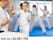 Boy is paired with man teacher to learn how to strike and rehearses blocking opponent. Стоковое фото, фотограф Яков Филимонов / Фотобанк Лори