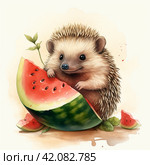 A drawing of a cute hedgehog eating a slice of watermelon,Generative AI. Стоковое AI-изображение, AI-художник Анна Кривицкая / Фотобанк Лори