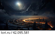 A banner with a cosmic landscape with a meteor shower and a large planet. Стоковое AI-изображение, AI-художник Ярославский Максим / Фотобанк Лори
