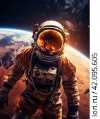 An astronaut in outer space in a spacesuit in front of the Earth. Стоковое AI-изображение, AI-художник Ярославский Максим / Фотобанк Лори