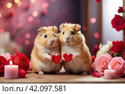 A cute loving pair of hamsters with red valentine hearts in a romantic Valentine's day decor. Romantic card, love. AI generated. Стоковое AI-изображение, AI-художник Ольга Симонова / Фотобанк Лори