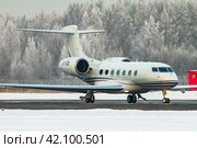 Самолет (бизнес джет) Gulfstream G-500 авиакомпании Qatar Executive на рулении в аэропорту Пулково зимой, на фоне покрытого белым инеем леса (2019 год). Редакционное фото, фотограф Сергей Крамарев / Фотобанк Лори
