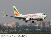 Самолет Boeing B737-700 авиакомпании Ethiopian Airlines заходит на посадку в аэропорту Пулково (2016 год). Редакционное фото, фотограф Сергей Крамарев / Фотобанк Лори