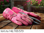 reversible pink gardening gloves and pliers on wooden table with wood background. Стоковое AI-изображение, AI-художник Юлия Гапеенко / Фотобанк Лори