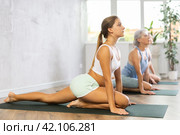 Three generations of women perform sitting pigeon pose Eka Pada Rajakapotasana in gym. Стоковое фото, фотограф Яков Филимонов / Фотобанк Лори