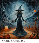 Witch in a pointed hat, illustration,Generative AI. Стоковое AI-изображение, AI-художник Анна Кривицкая / Фотобанк Лори