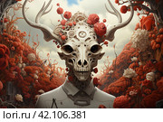 White demon with horns and red flowers around,Generative AI. Стоковое AI-изображение, AI-художник Анна Кривицкая / Фотобанк Лори