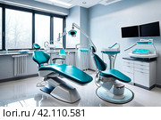 Close-up dental equipment in dentist office in new modern stomatological clinic room. Background of dental chair and accessories used by dentists in blue, medic light. Copy space, text place. Стоковое AI-изображение, AI-художник Aleksandr Golubev / Фотобанк Лори