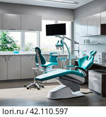Interior of dental equipment in dentist office in new modern stomatological clinic room. Background of dental chair and accessories used by dentists in blue, medic light. Copy space, text place. Стоковое AI-изображение, AI-художник Aleksandr Golubev / Фотобанк Лори