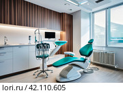 Close-up dental equipment in dentist room in new modern stomatological clinic office. Background of interior dental accessories used by dentists in blue, medic color. Copy space, text place. Стоковое AI-изображение, AI-художник Aleksandr Golubev / Фотобанк Лори