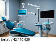 Interior of dental equipment in dentist room in new modern stomatological clinic office. Background of dental chair and accessories used by dentists in blue color. Copy space, text place. Стоковое AI-изображение, AI-художник Aleksandr Golubev / Фотобанк Лори