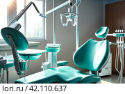 Close-up dental equipment in dentistry room in new modern stomatological clinic office. Background of interior dental accessories used by dentists in blue color. Copy space, text place. Стоковое AI-изображение, AI-художник Aleksandr Golubev / Фотобанк Лори