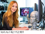 Молодая девушке в офисе общается с роботом. Стоковое AI-изображение, AI-художник Щеголева Ольга / Фотобанк Лори