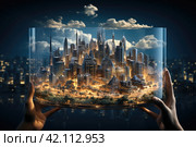 Construction engineer holding plan in double exposure above blue city and construction site. Imagining redevelopment concept. Стоковое AI-изображение, AI-художник Ирина Михайличенко / Фотобанк Лори
