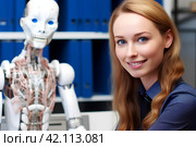 Молодая девушка и робот в офисе. Generative AI. Стоковое AI-изображение, AI-художник Щеголева Ольга / Фотобанк Лори