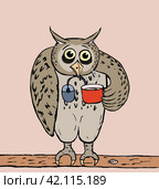 Сова с красной кружкой / owl with red cup. Стоковая иллюстрация, иллюстратор Александр Паньков / Фотобанк Лори