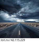 Empty highway and thunderclouds with rain above it,Generative AI. Стоковое AI-изображение, AI-художник Анна Кривицкая / Фотобанк Лори