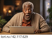 Surprised senior african american man looking at laptop screen while sitting in cafe.Fraudsters, protection, cybersecurity. Стоковое AI-изображение, AI-художник Васильева Юлия / Фотобанк Лори