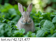 Contented bunny nibbling on a bed of fresh greens, with a twitching pink nose. Стоковое AI-изображение, AI-художник Юлия Гапеенко / Фотобанк Лори