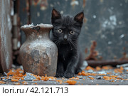 A black cat peeks out from behind a broken vase. Стоковое AI-изображение, AI-художник Юрий Поздников / Фотобанк Лори