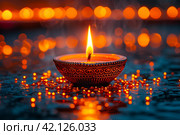 premium shubh diwali greeting card with diya in indian style . Translation: Shubh Diwali means happy diwali festival of light. Стоковое AI-изображение, AI-художник Ирина Михайличенко / Фотобанк Лори