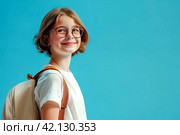 A 10-year-old girl in a white T-shirt, glasses, brown hair. AI generated. Стоковое AI-изображение, AI-художник Ольга Губская / Фотобанк Лори