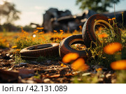 Old rusty tires are dumped among the grass. ,Generative AI. Стоковое AI-изображение, AI-художник Анна Кривицкая / Фотобанк Лори